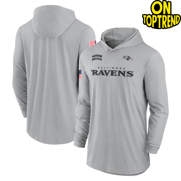 Baltimore Ravens Nike Gray 2024 Salute to Service Lightweight Performance Long Sleeve Hooded T-Shirt